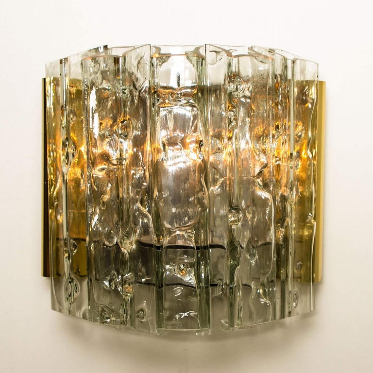 Austrian Pair of Midcentury Wall Lamps in Brass and Glass, 1970s For Sale