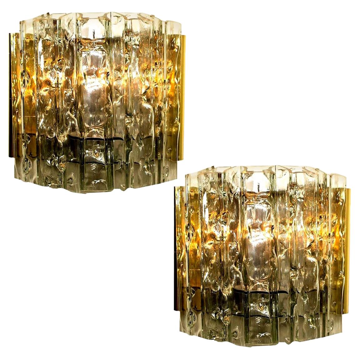 Pair of Midcentury Wall Lamps in Brass and Glass, 1970s