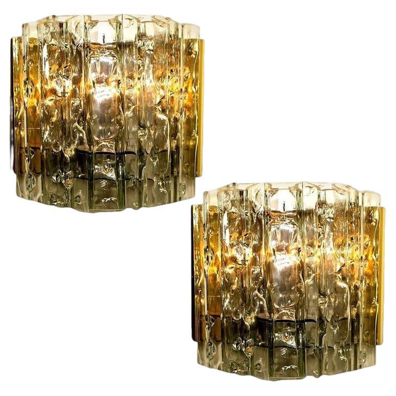 Pair of Midcentury Wall Lamps in Brass and Glass, 1970s