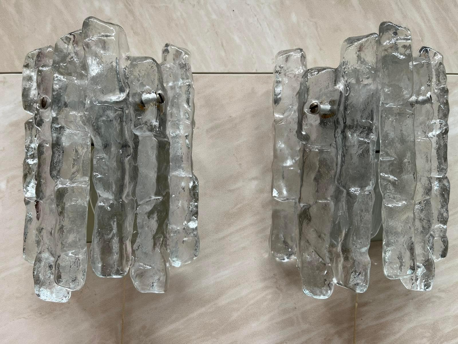 Mid-20th Century Pair of Midcentury Wall Lamps Kalmar, Ice Glass, Austria, 1960s