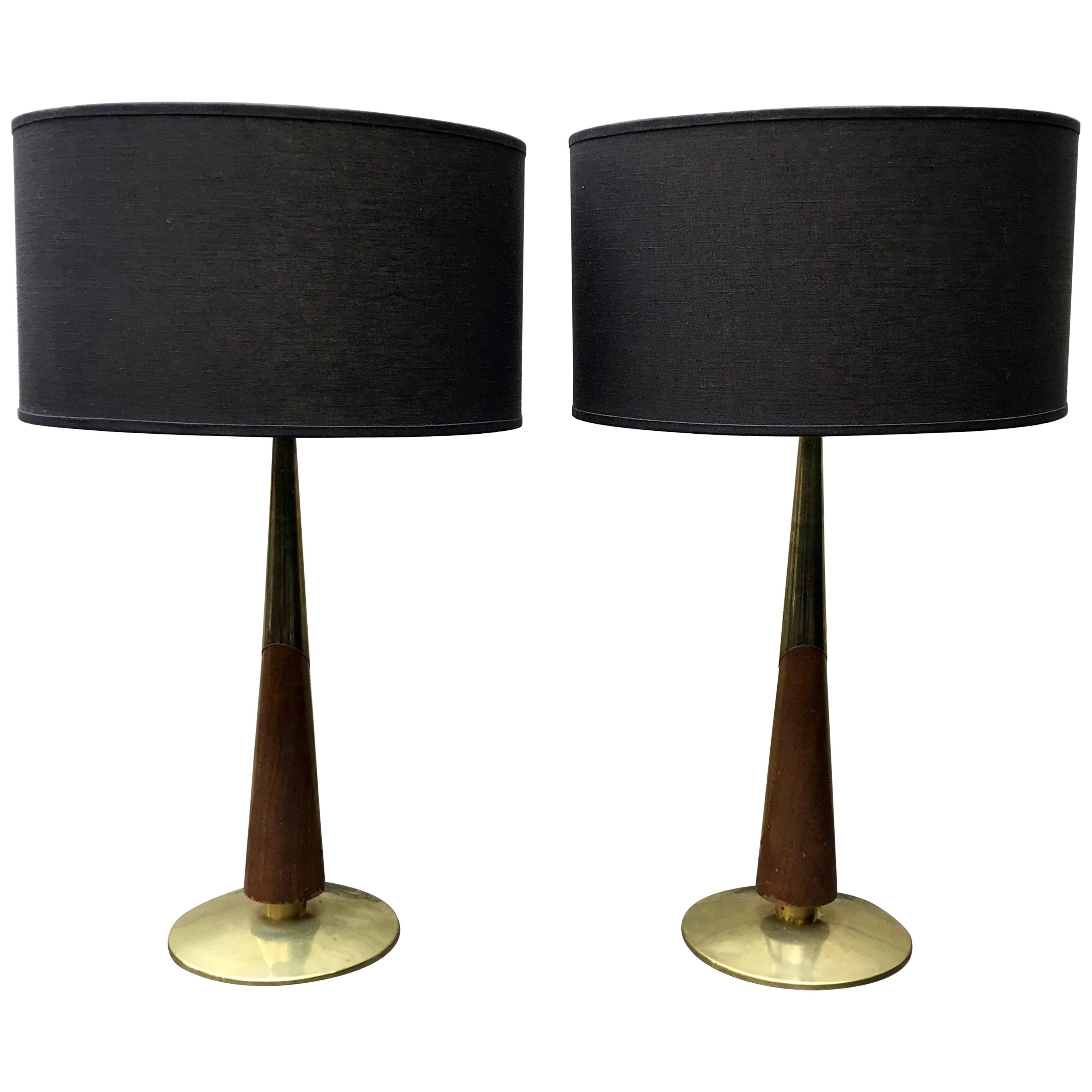 Pair of Midcentury Walnut and Brass Table Lamps by Laurel Lighting, 1950s