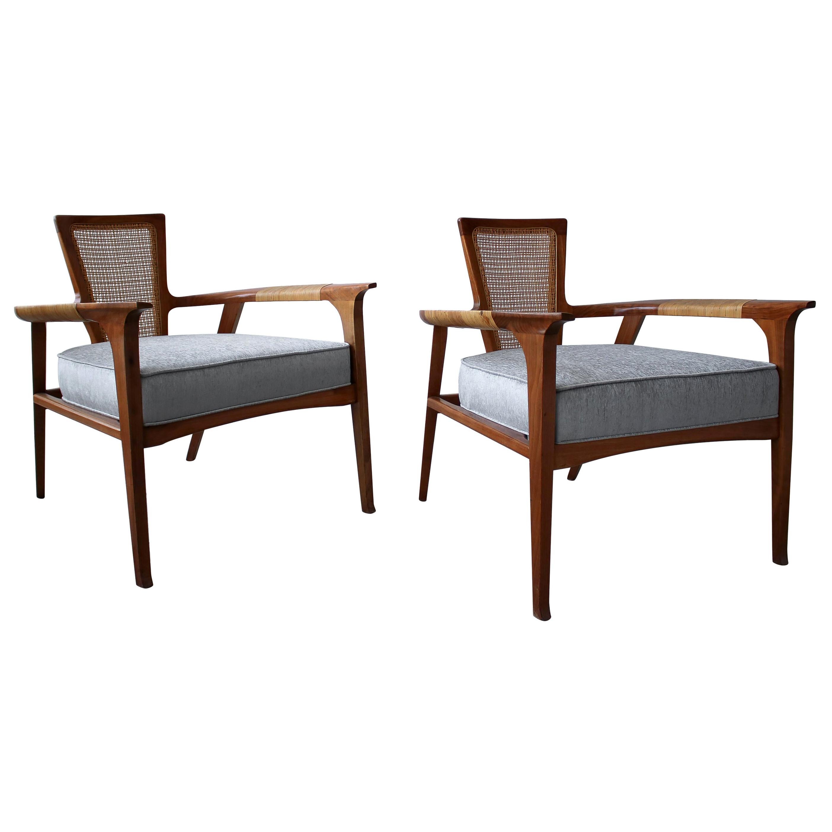 Pair of Midcentury Walnut and Cane Lounge Chairs by William Hinn