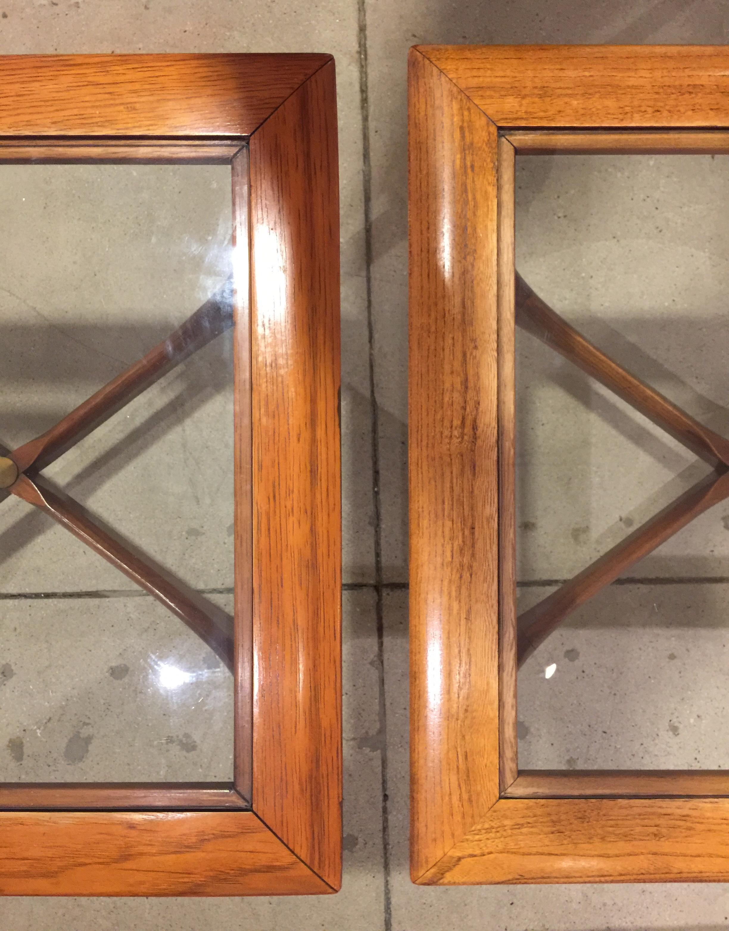 Brass Pair of Midcentury Walnut and Smoked Glass End Tables with Rectangular Tops