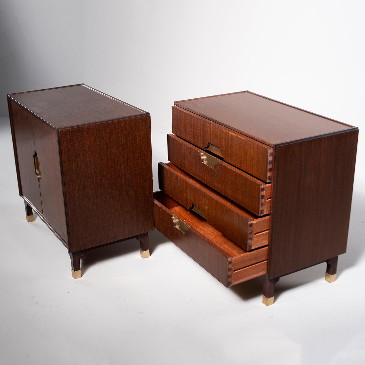 Pair of Midcentury Walnut Chests with Brass Hardware In Good Condition In Troy, MI