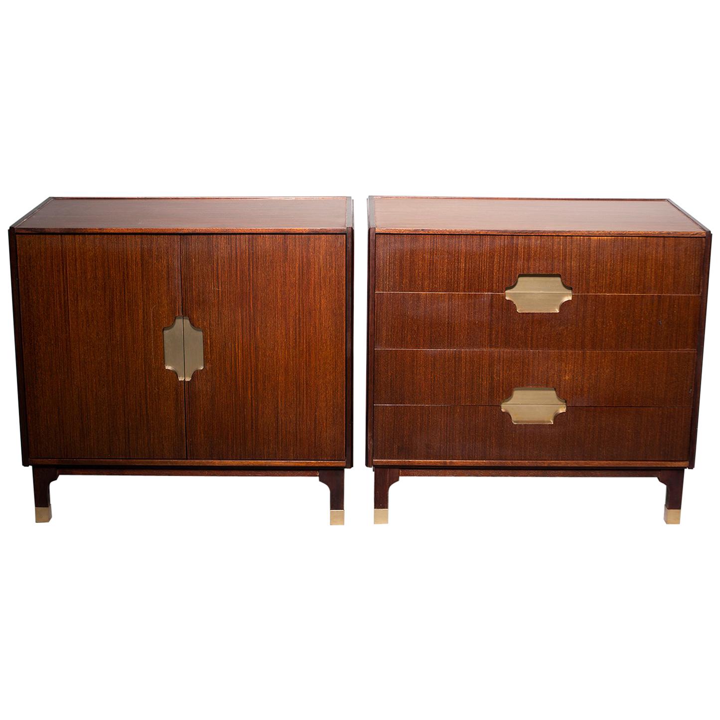 Pair of Midcentury Walnut Chests with Brass Hardware