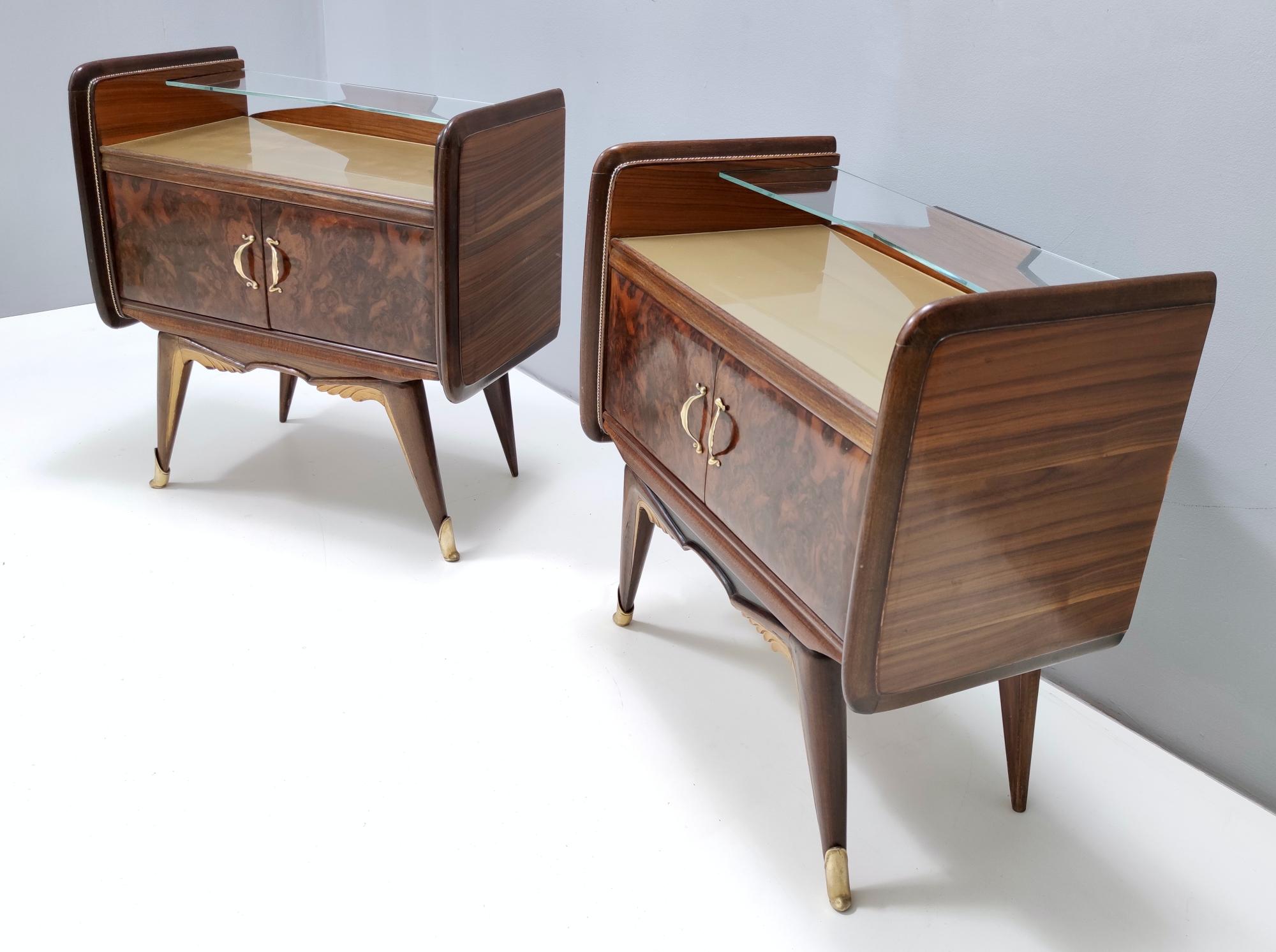 Ebonized Pair of Vintage Walnut Nightstands with Golden Back-Painted Glass Top, Italy For Sale