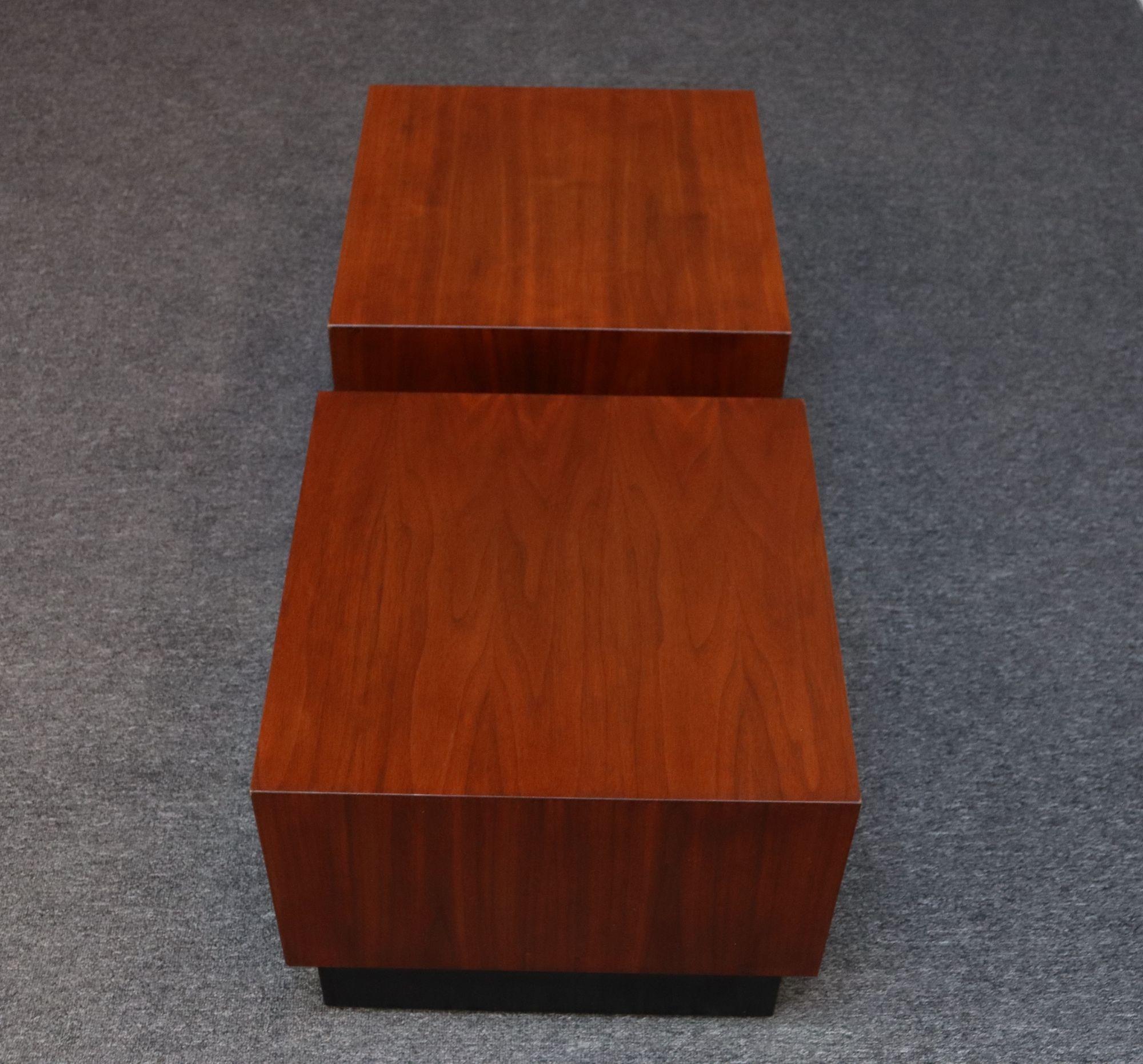 Wood Pair of Midcentury Walnut Plinth Base Side Tables Attributed to Adrian Pearsall For Sale