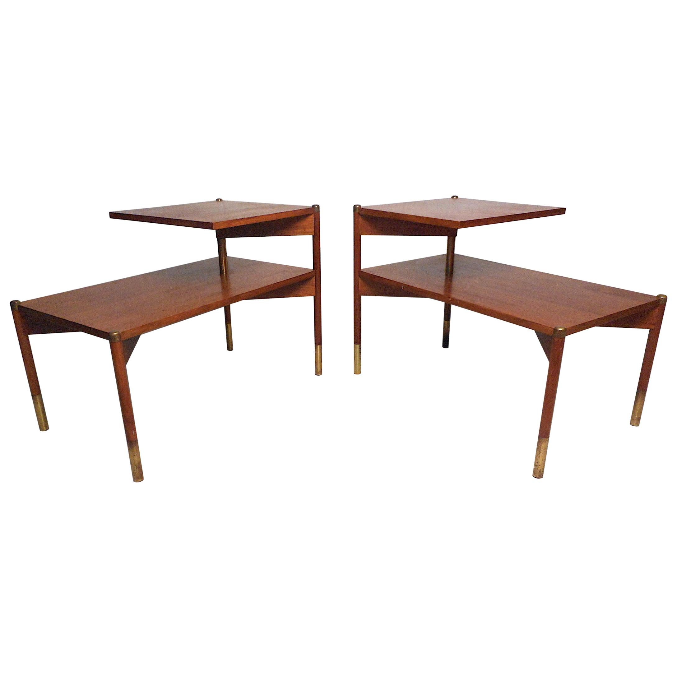 Pair of Midcentury Walnut Two-Tier End Tables