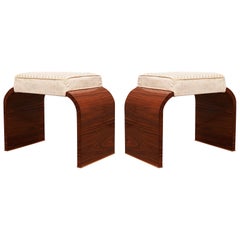 Pair of Midcentury Walnut Wood and Velvet Stool, 1950