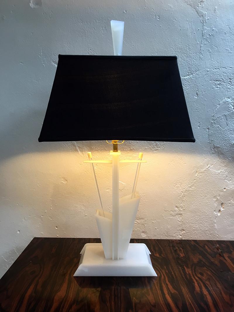 Mid-20th Century Pair of Midcentury White 1950s Lucite American Modernist Lamps Moss Lighting Co