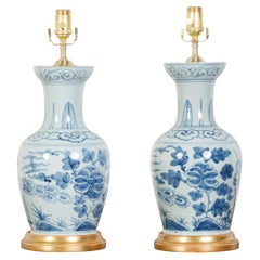 Pair of Mid-Century White and Blue Porcelain Table Lamps on Giltwood Bases