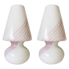 Italian Pair of Midcentury White Pink Murano Glass Italian Table Lamps, 1980s