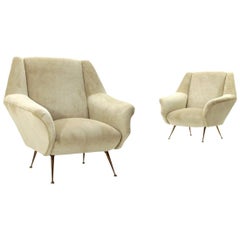 Pair of Midcentury white cream velvet armchairs, 1950s