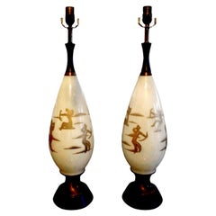 Pair of Midcentury White Glass Lamps with Abstract Gilt Decoration