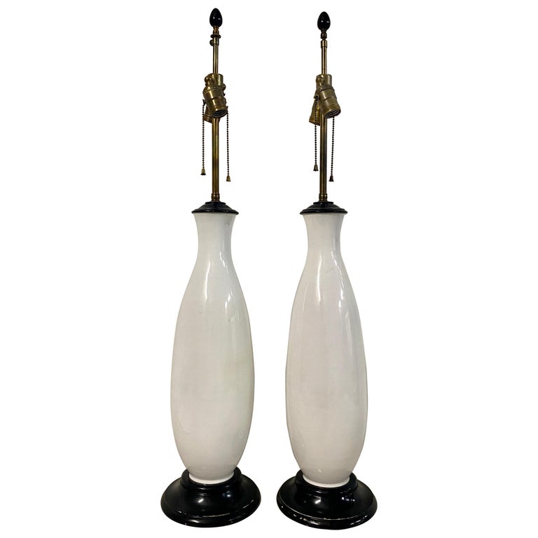 Pair of Midcentury White Glaze Ceramic Table Lamps, circa 1960 For Sale