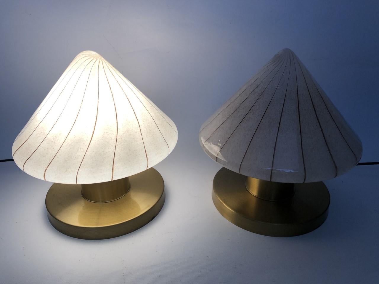 Mid-Century Modern Pair of Midcentury White Murano Glass and Golden Brass Italian Table Lamps 1970s