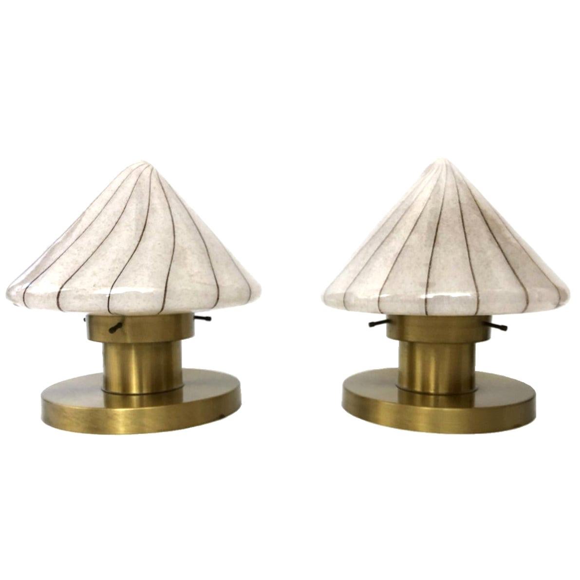 Pair of Midcentury White Murano Glass and Golden Brass Italian Table Lamps 1970s