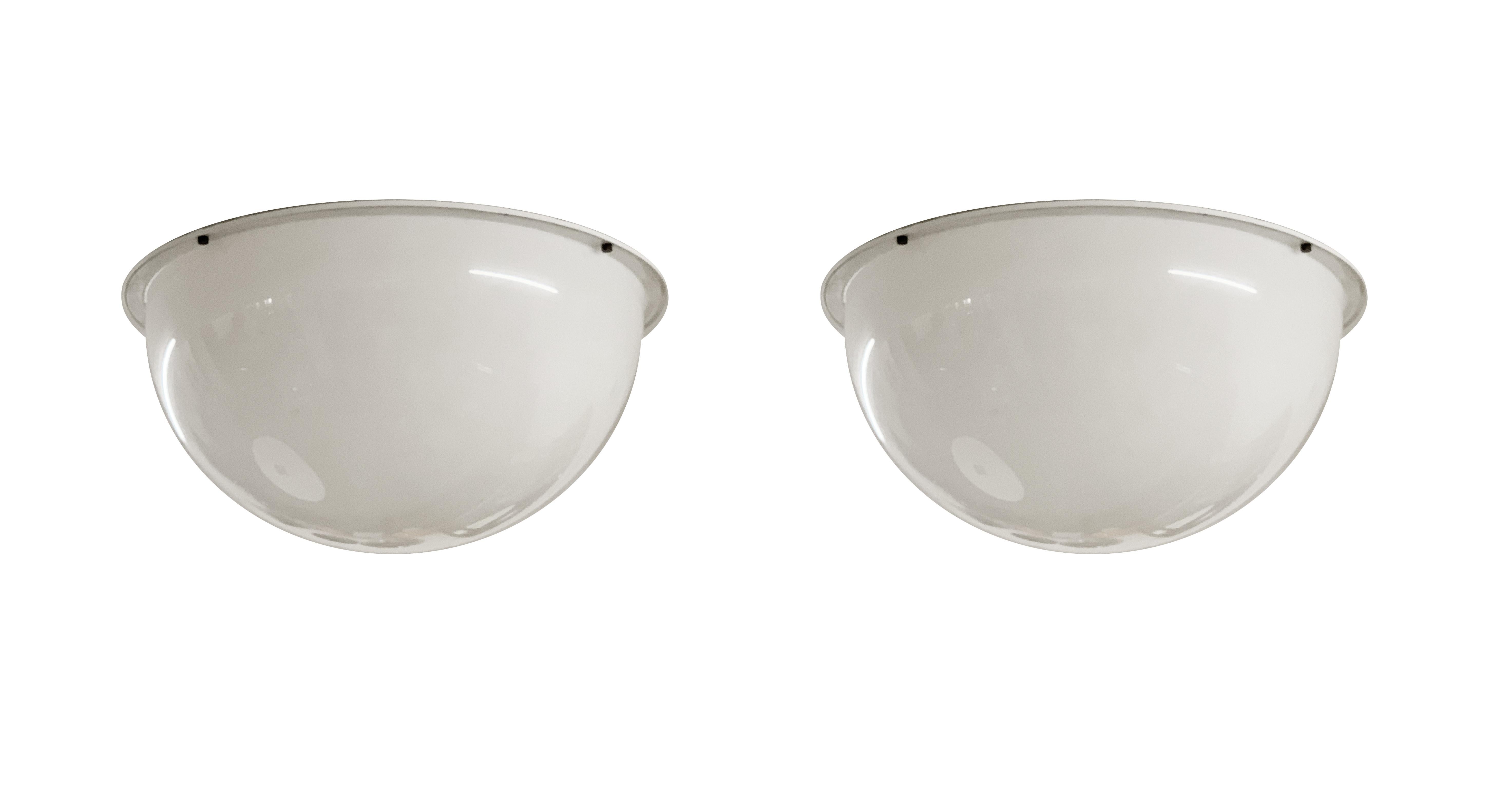 Enameled Pair of Midcentury White Plexiglass Half Round Italian Ceiling Lights, 1970