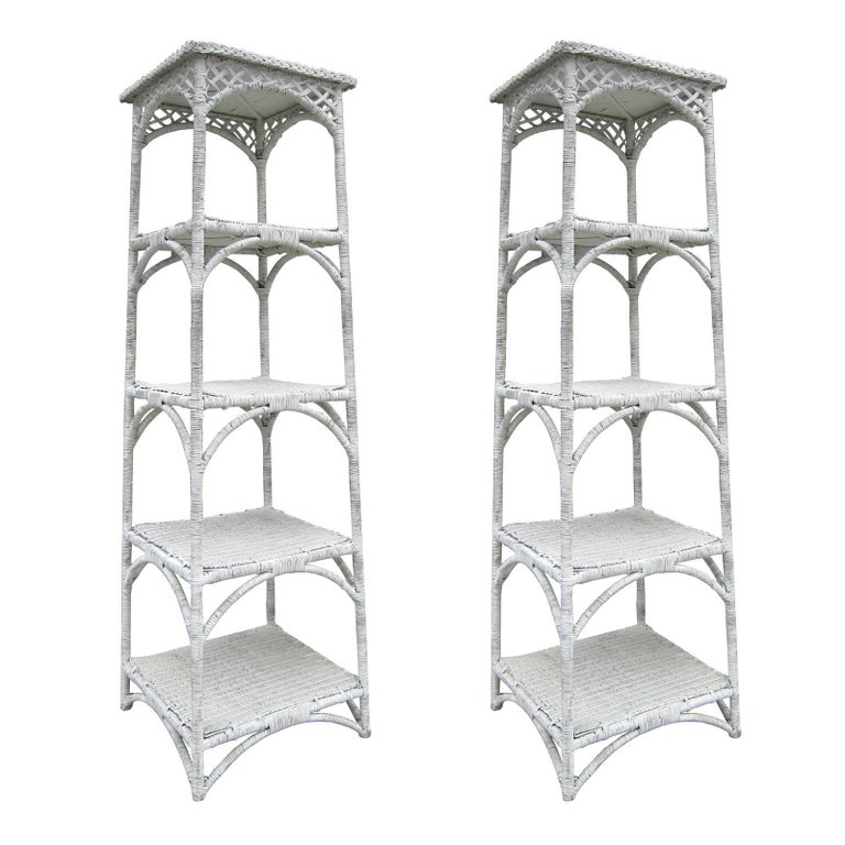 Pair of Midcentury White Wicker Étagères with Four Shelves For Sale at