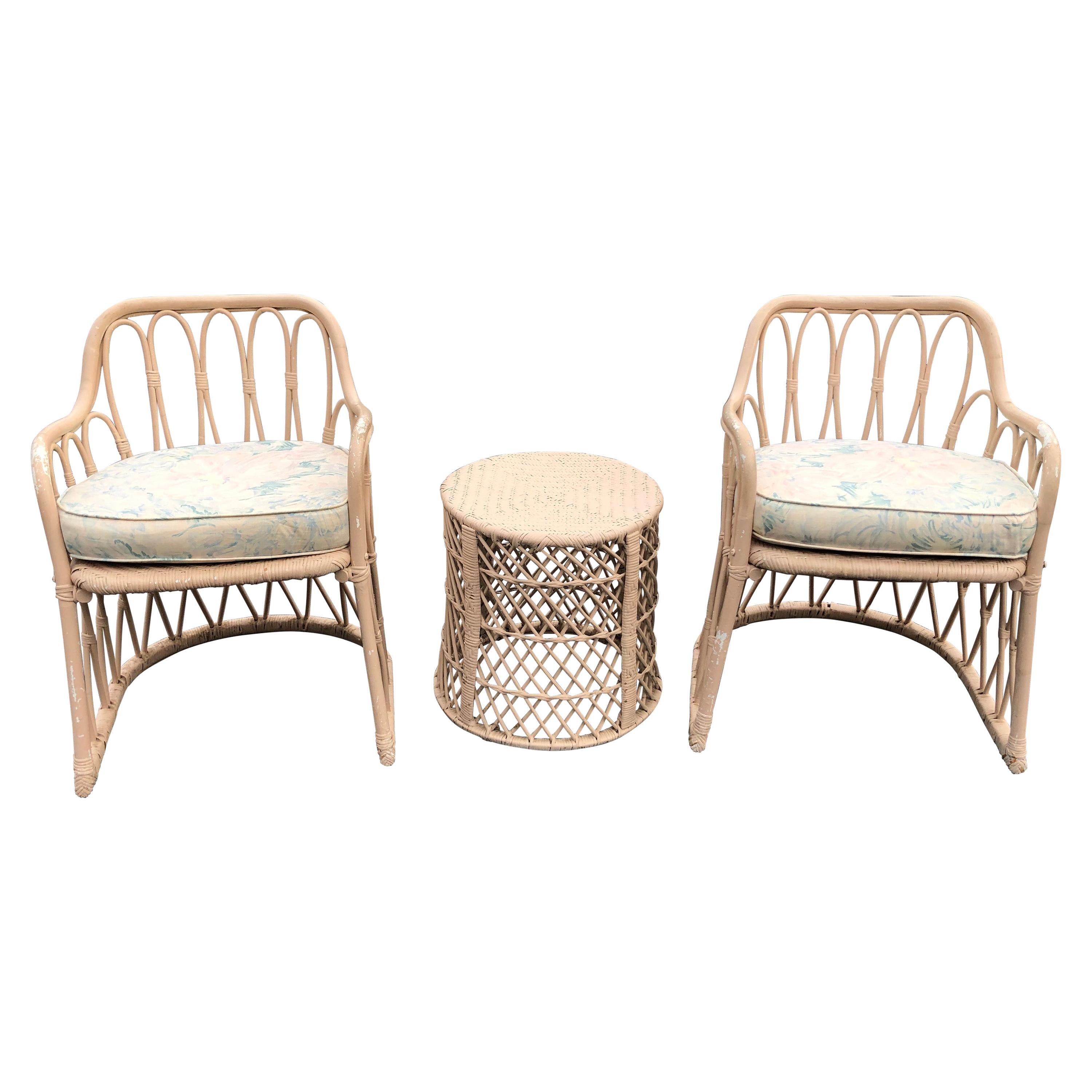 Pair of Mid Century Wicker Chairs with Matching Table