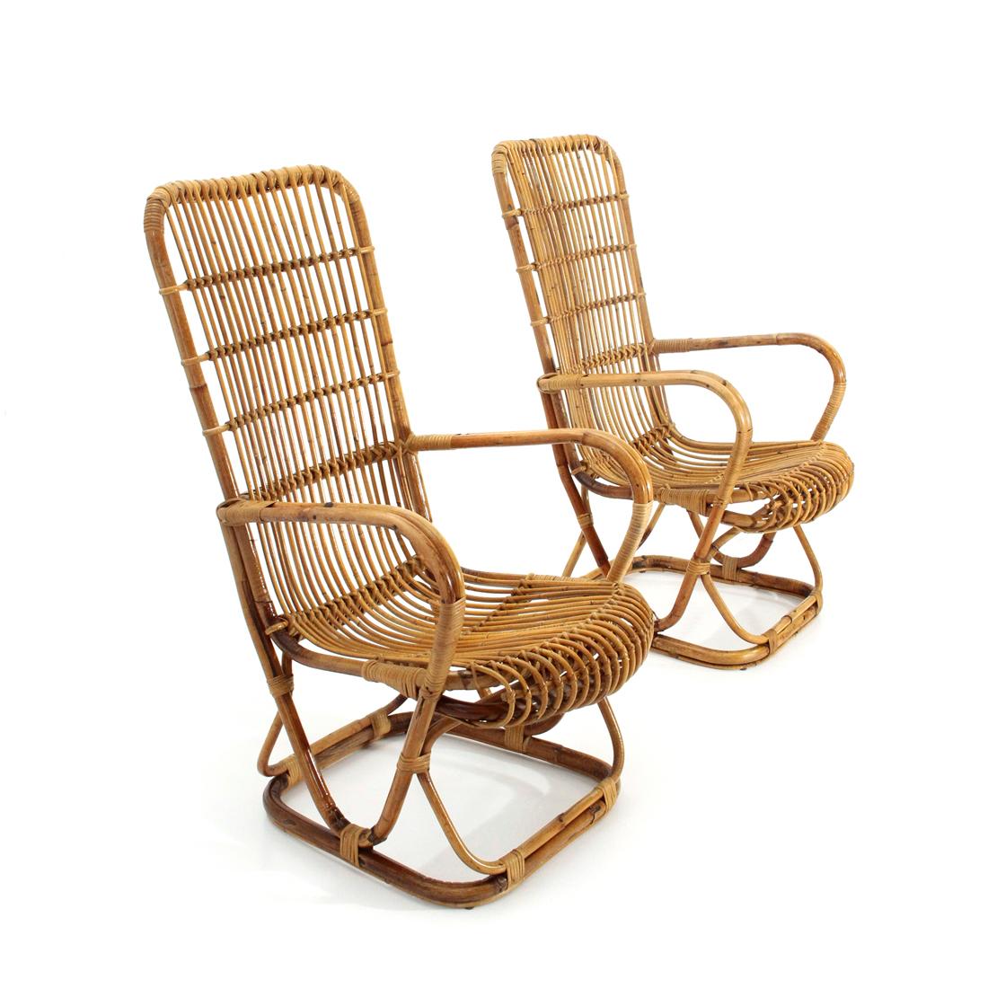 Mid-Century Modern Pair of Midcentury Wicker Rattan Cane Armchairs, 1950s