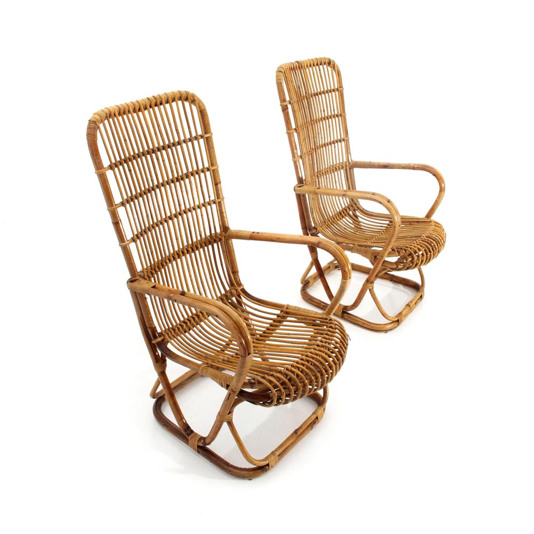 Italian Pair of Midcentury Wicker Rattan Cane Armchairs, 1950s