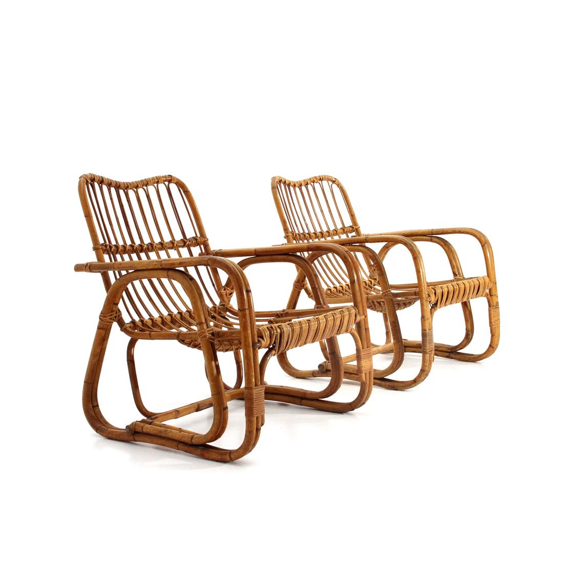 Pair of Midcentury Wicker Rattan Cane Armchairs, 1950s In Good Condition In Savona, IT