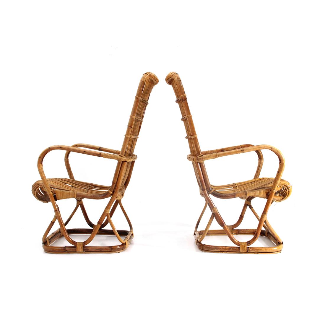 Mid-20th Century Pair of Midcentury Wicker Rattan Cane Armchairs, 1950s