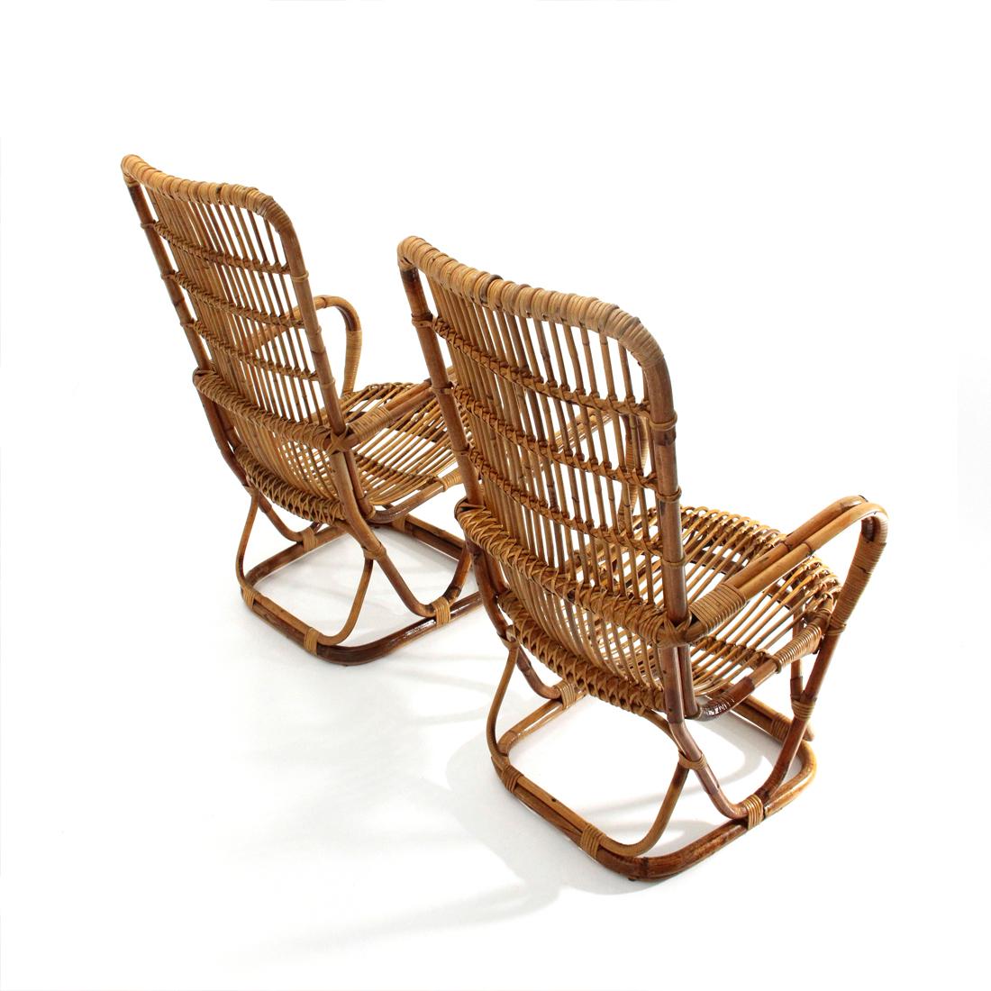 Pair of Midcentury Wicker Rattan Cane Armchairs, 1950s 1