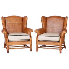 Pair of Midcentury Wicker Wingback Armchairs by Baker