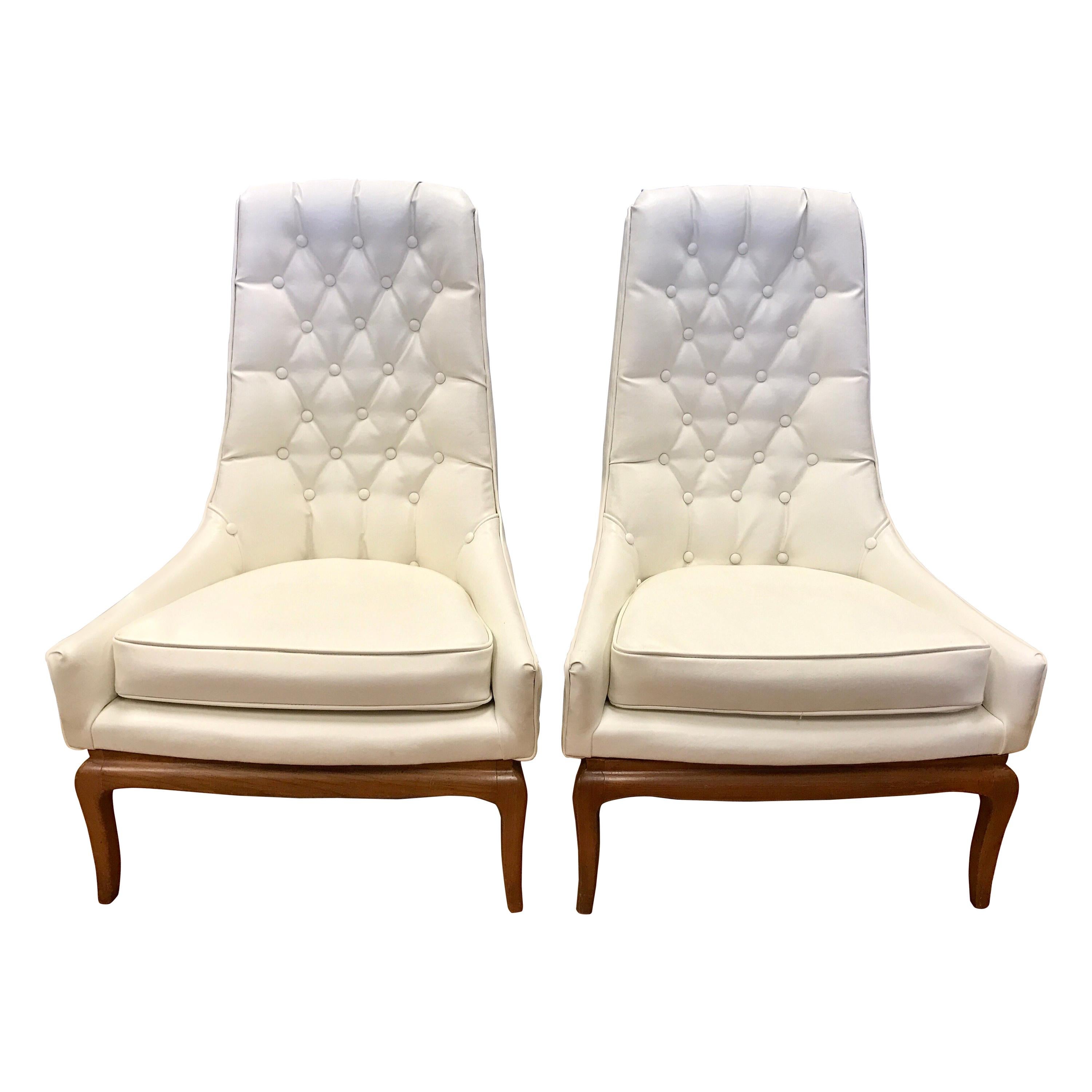 Pair of Midcentury Widdicomb Robsjohn-Gibbings Quilted White Tufted Tall Chairs