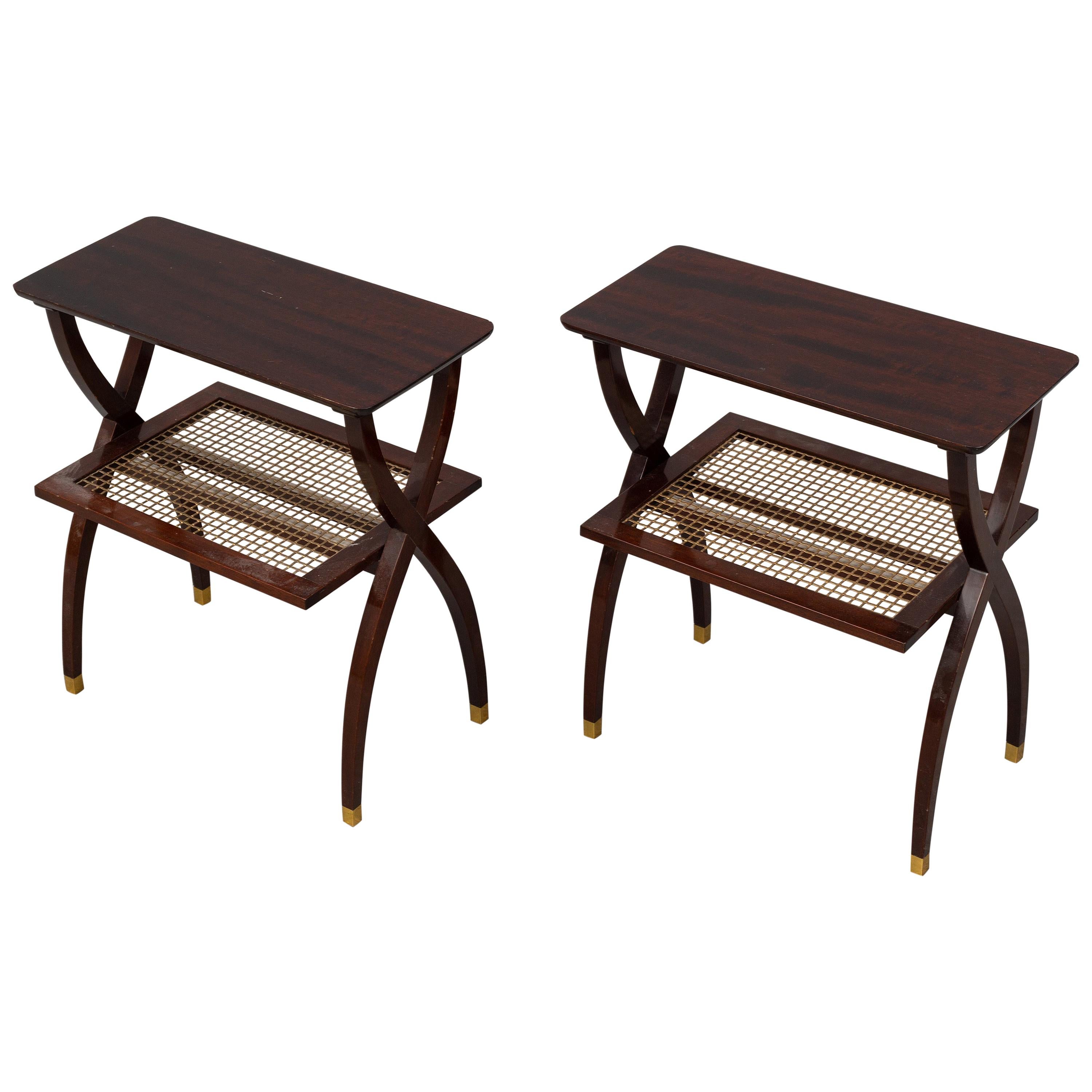 Pair of Midcentury Wood and Brass Tables