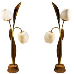 Pair of Midcentury Wood and Brass Tulip Shape Two-Light Lamps