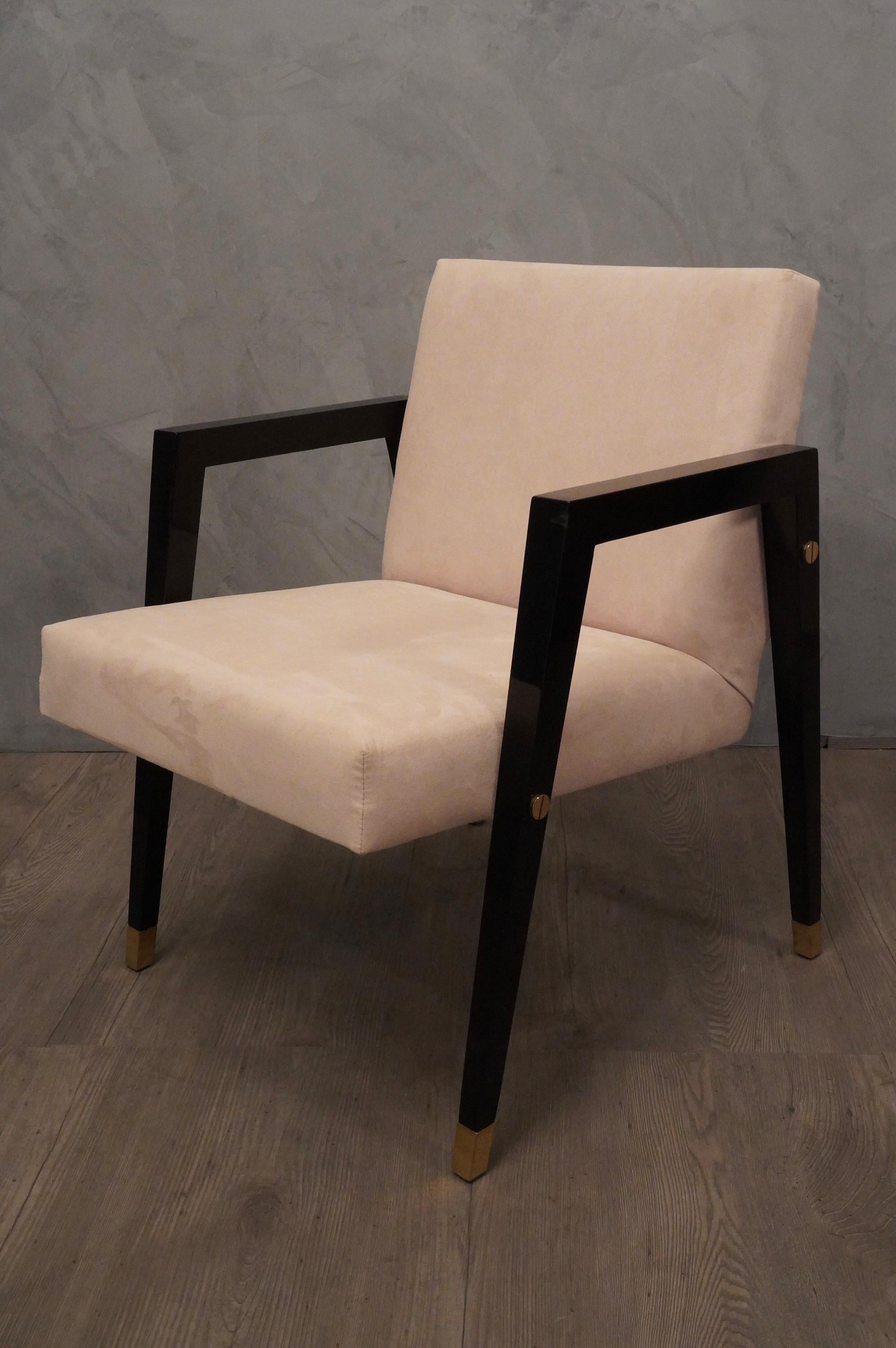 Midcentury Beech Wood Fabric and Brass Italian Armchairs, 1950 In Good Condition In Rome, IT