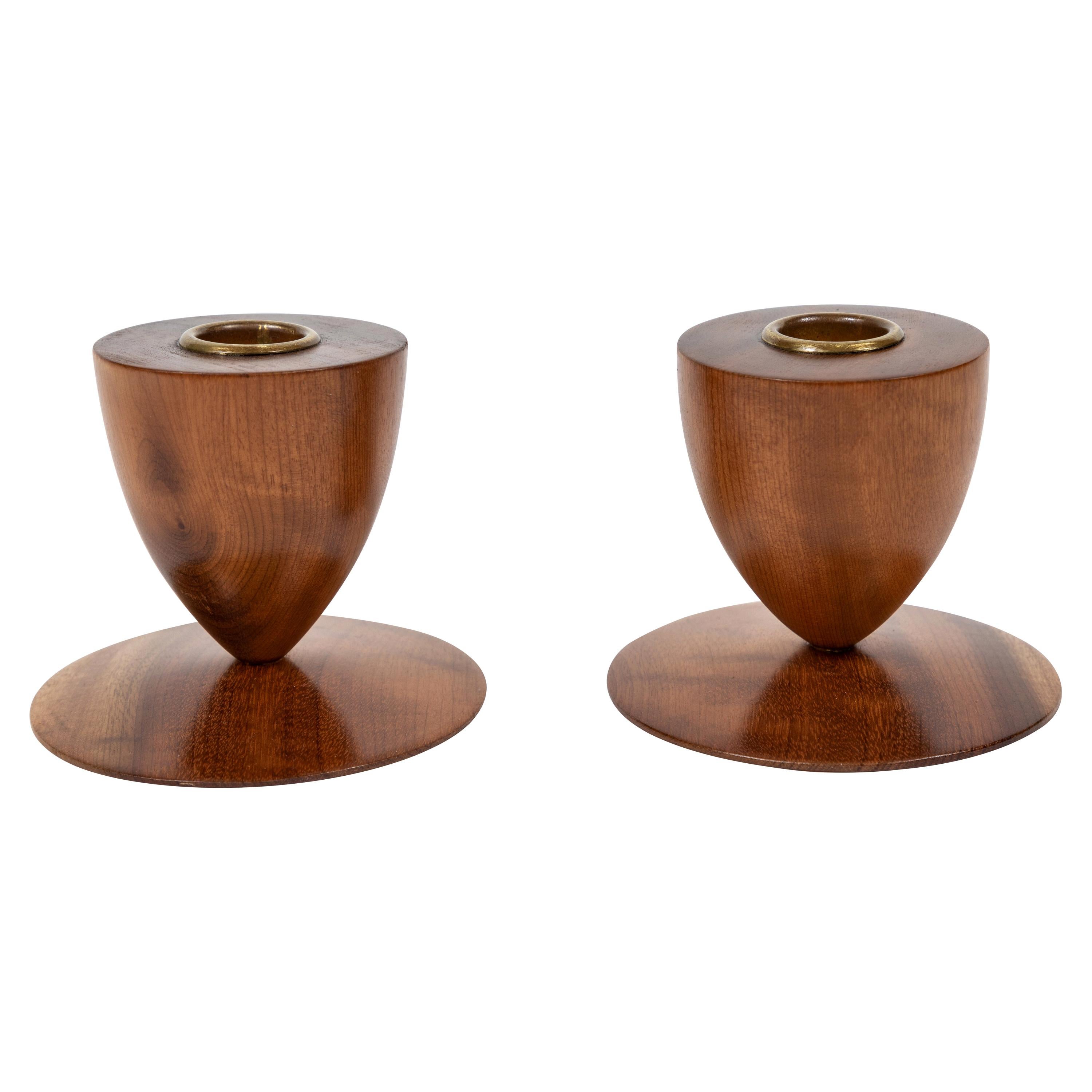 Pair of Midcentury Wood Footed Candleholders