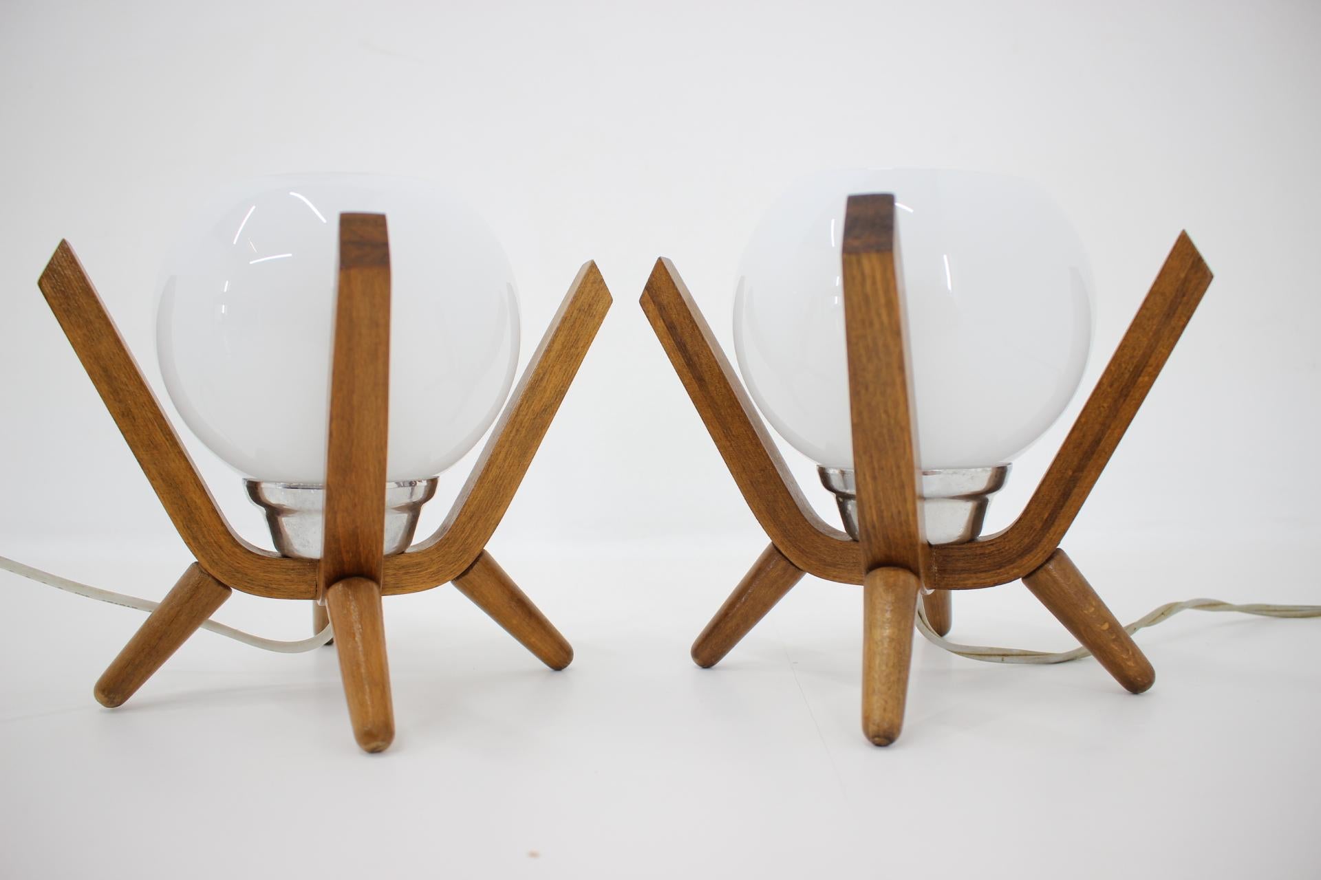 Czech Pair of Midcentury Wooden Design Table Lamps 