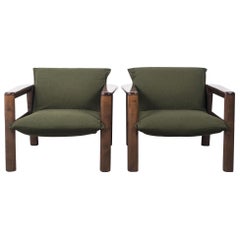 Pair of Midcentury Wooden with Green Upholstery Italian Armchairs, 1950s