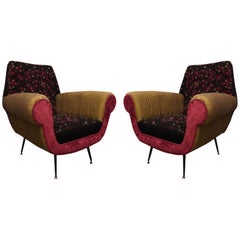 Pair of Midcentury Wool Silk and Velvet Italian Armchairs, 1950