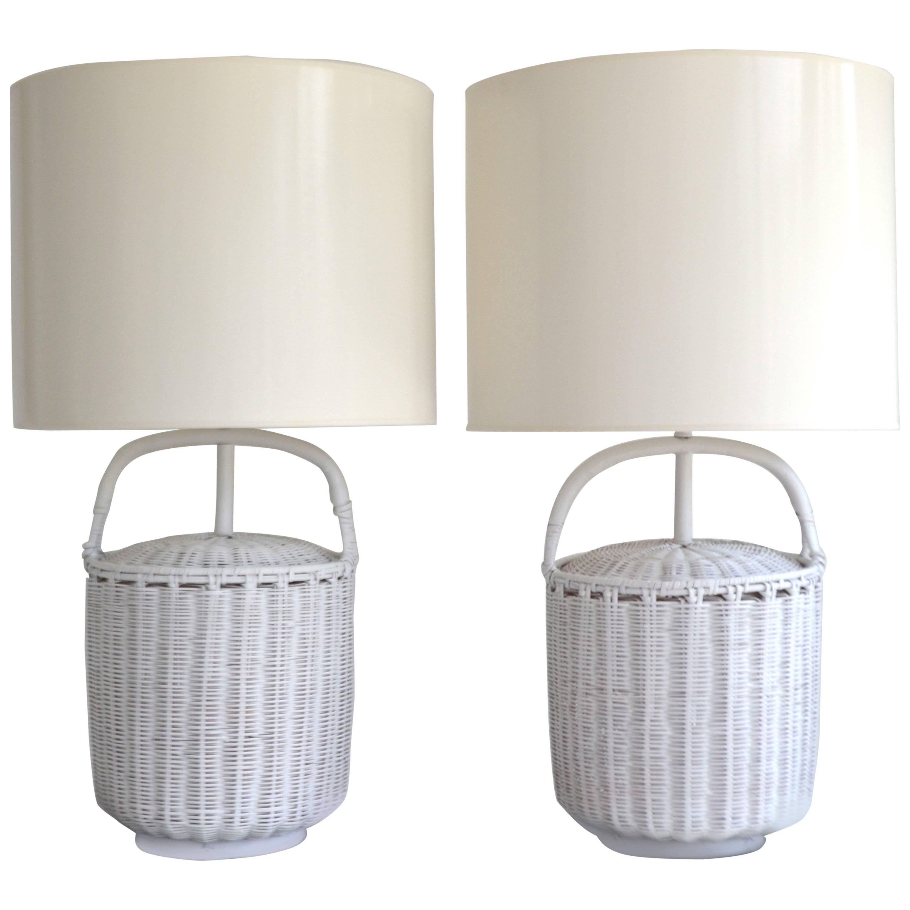 Pair of Midcentury Woven Reed Basket Form Table Lamps For Sale