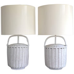 Vintage Pair of Midcentury Woven Reed Basket Form Table Lamps