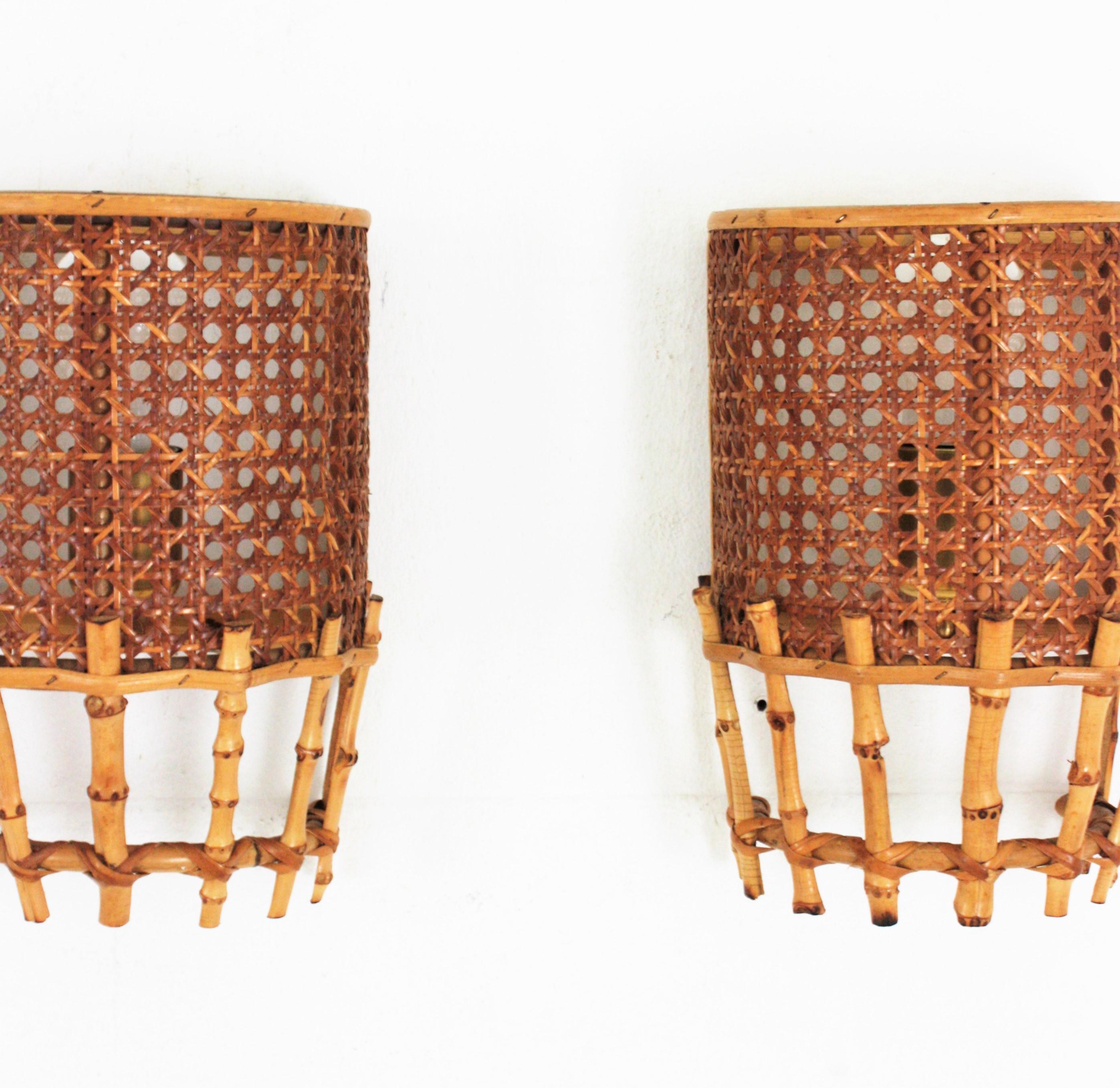 Pair of Midcentury Woven Wicker Weave and Bamboo Wall Sconces For Sale 1