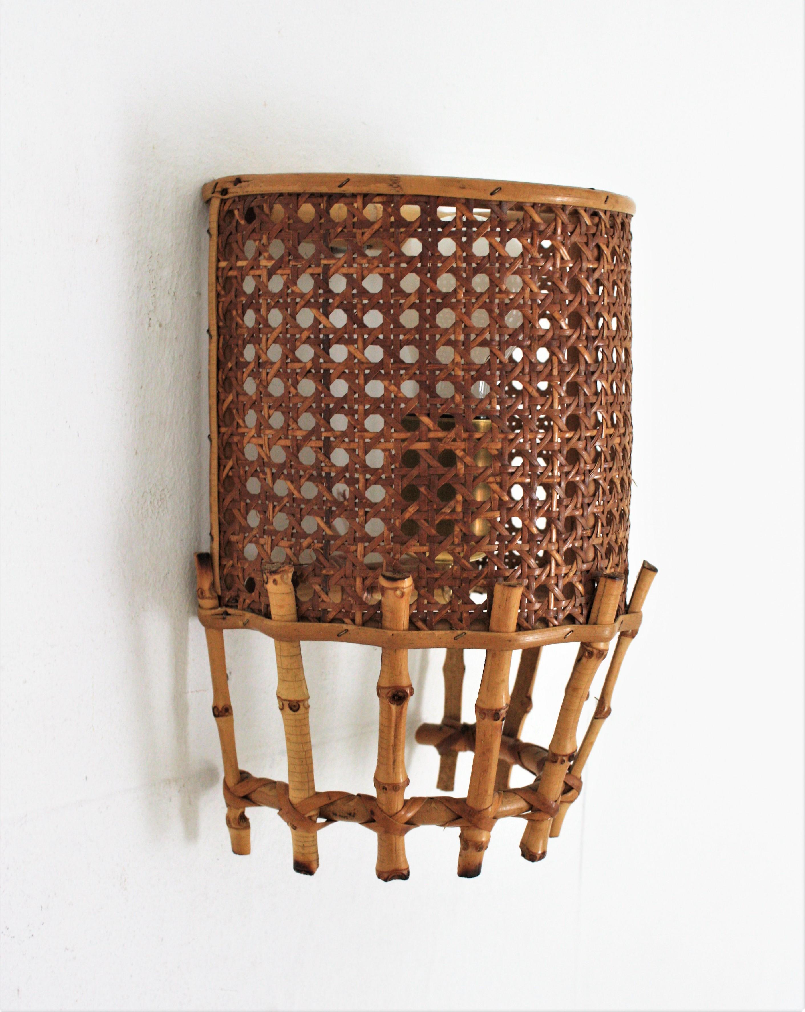 Pair of Midcentury Woven Wicker Weave and Bamboo Wall Sconces For Sale 3