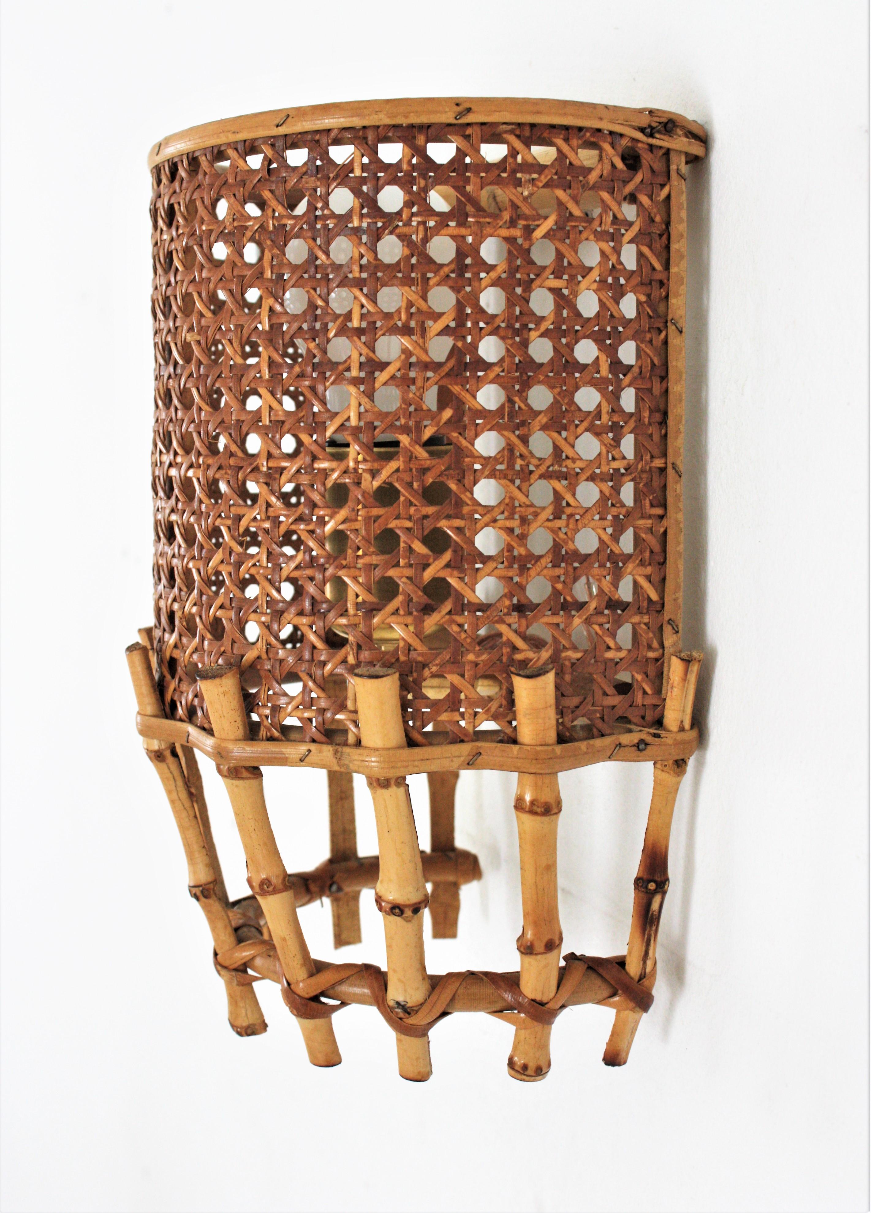 Pair of Midcentury Woven Wicker Weave and Bamboo Wall Sconces For Sale 4