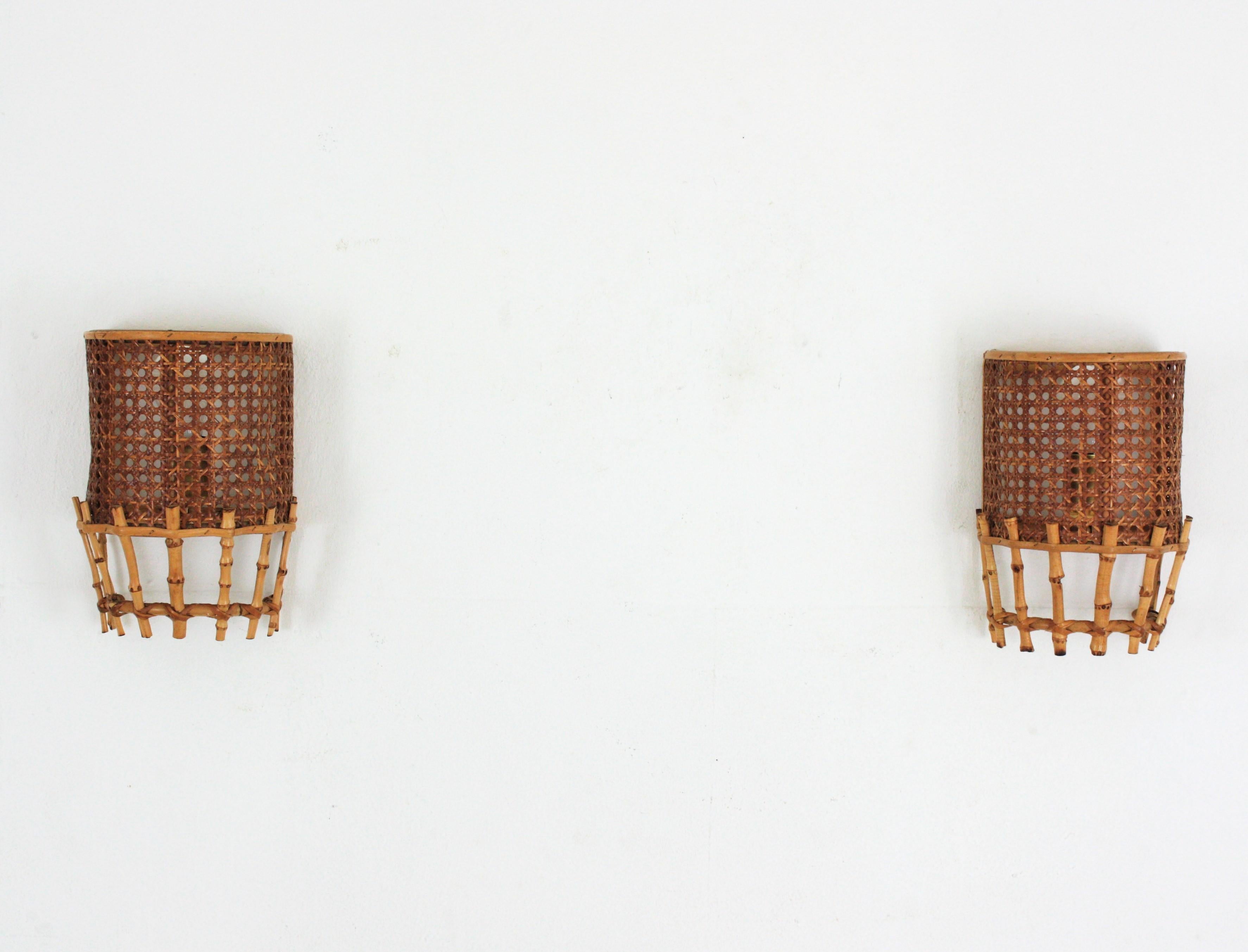 Pair of Midcentury Woven Wicker Weave and Bamboo Wall Sconces For Sale 6
