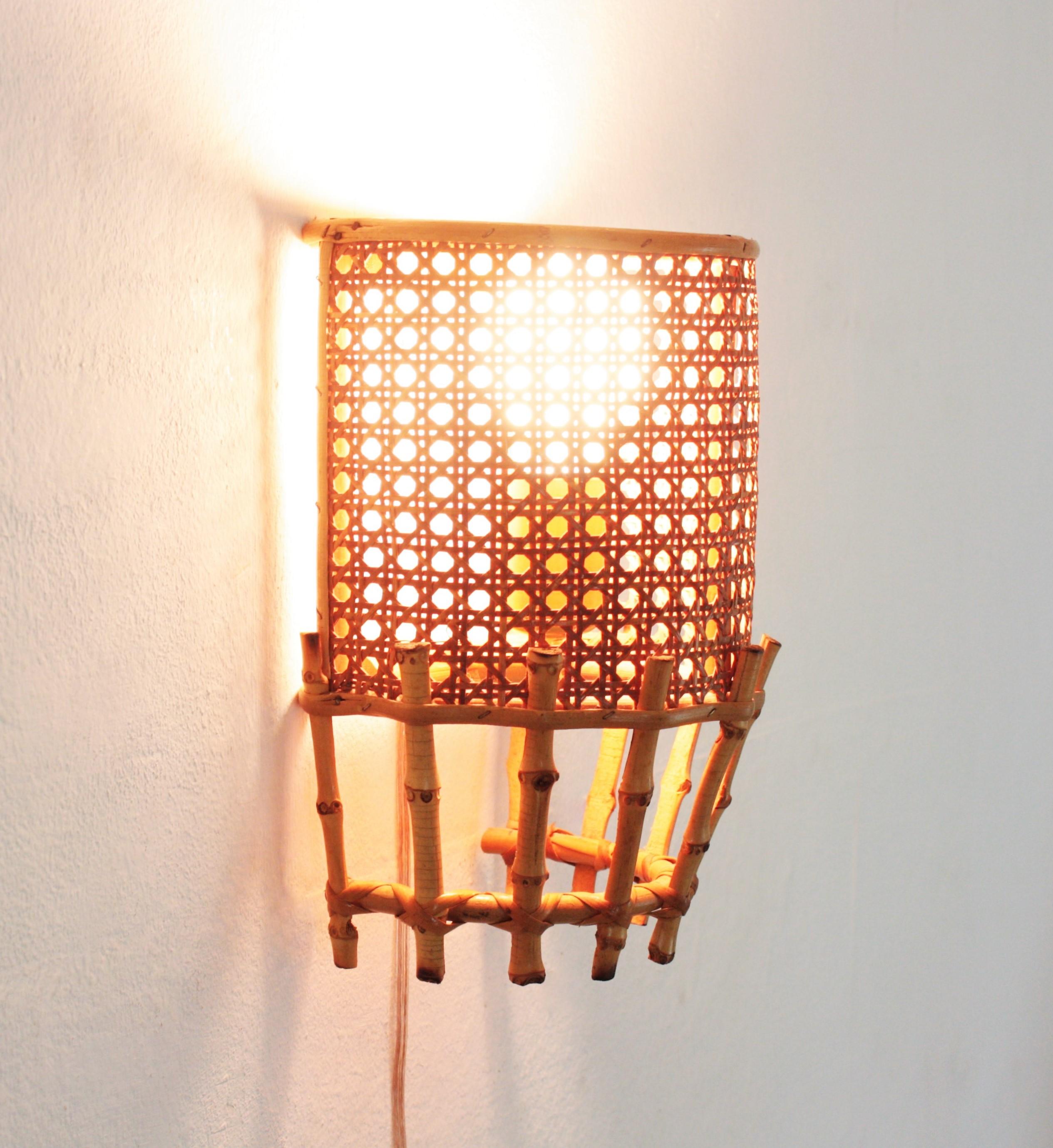 Pair of Midcentury Woven Wicker Weave and Bamboo Wall Sconces For Sale 7
