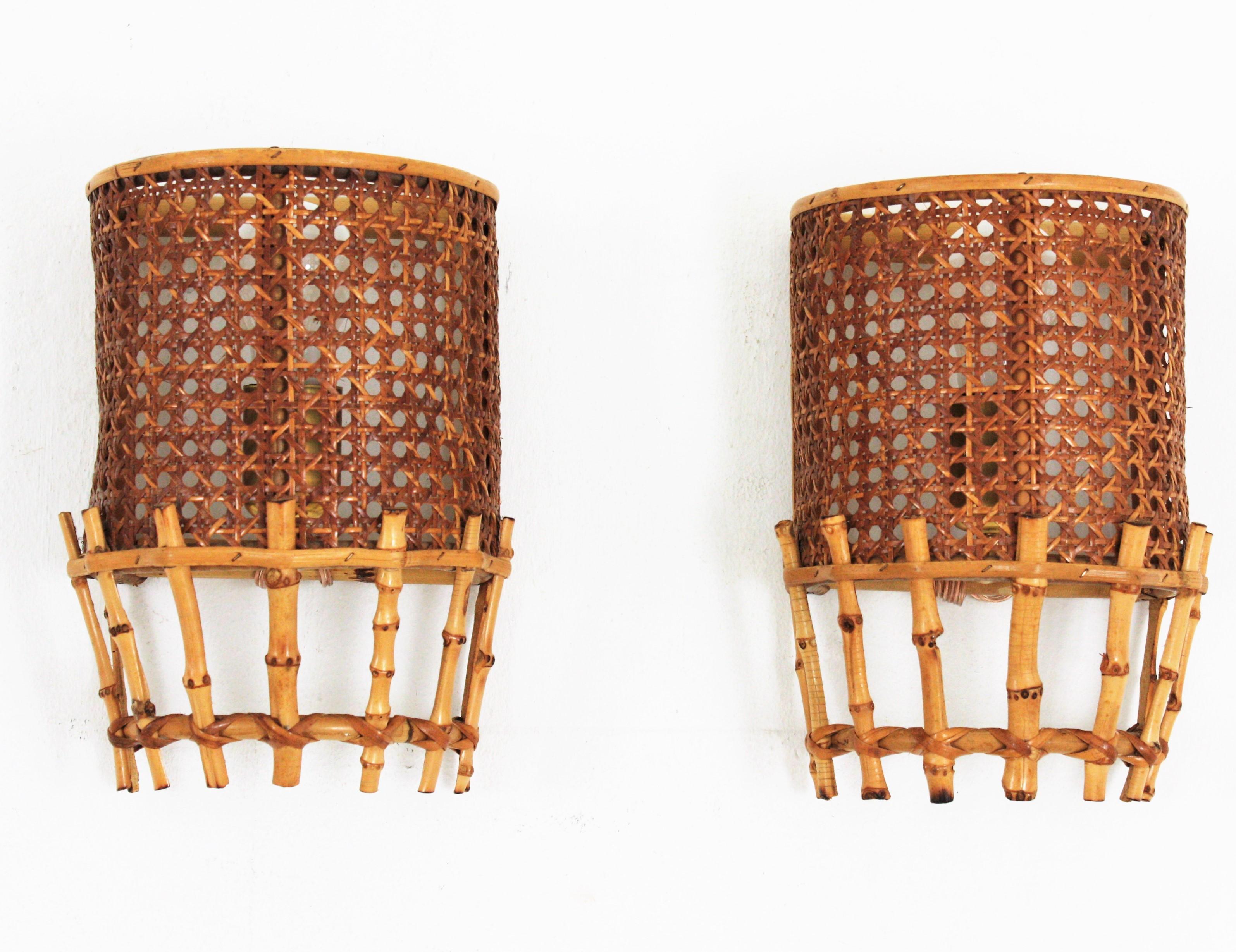 Pair of Midcentury Woven Wicker Weave and Bamboo Wall Sconces For Sale 10