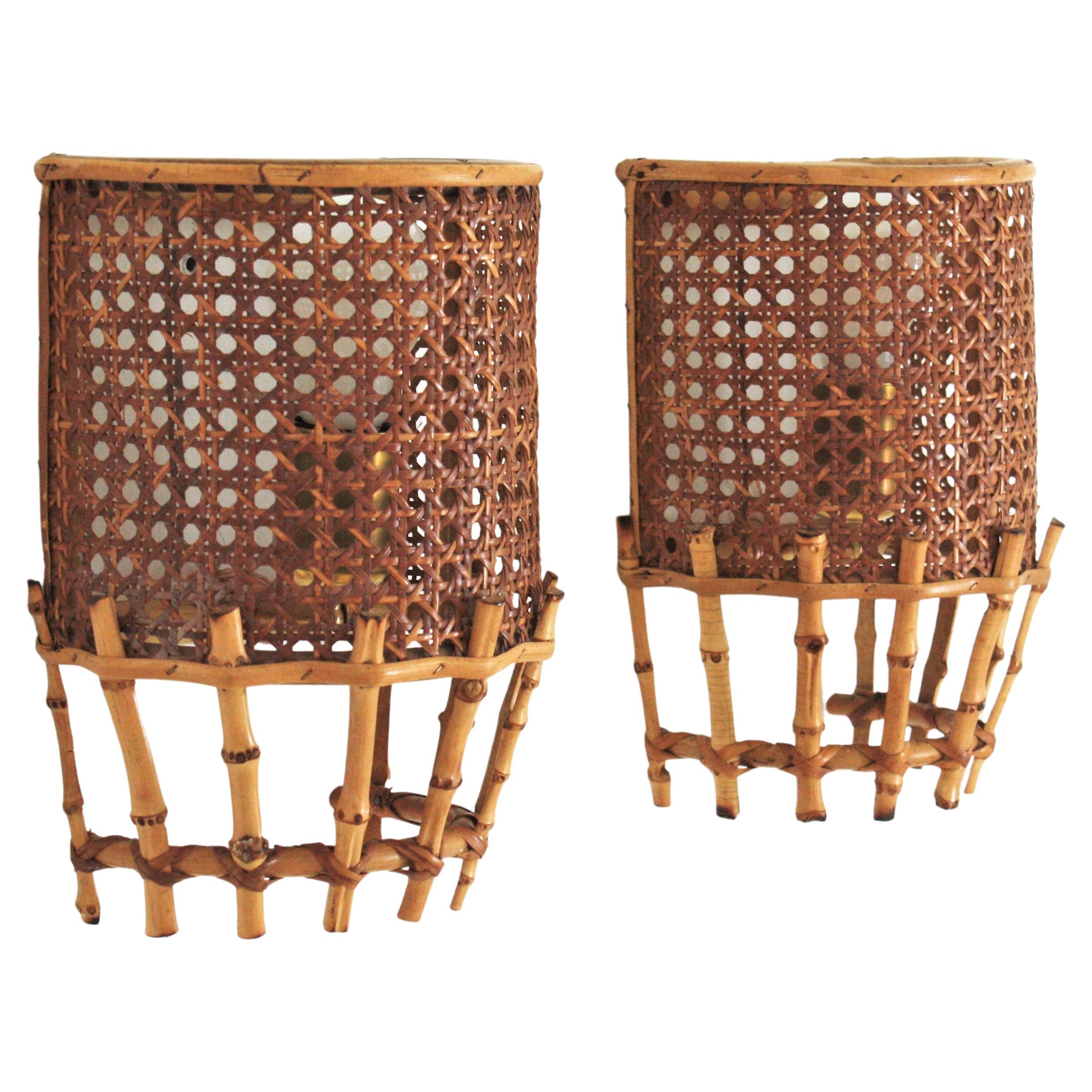 Pair of Midcentury Woven Wicker Weave and Bamboo Wall Sconces For Sale