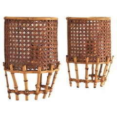 Vintage Pair of Midcentury Woven Wicker Weave and Bamboo Wall Sconces