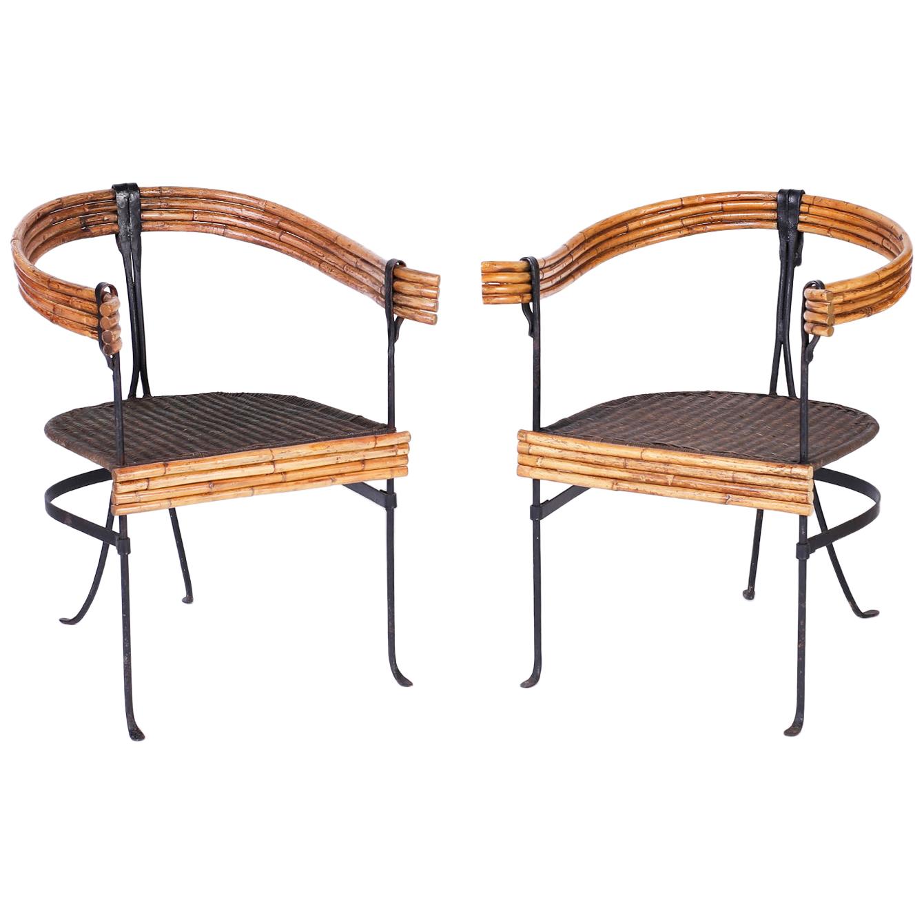 Pair of Midcentury Wrought Iron and Bamboo Armchairs