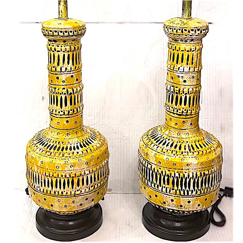 Wood Pair of Midcentury Yellow Lamps For Sale